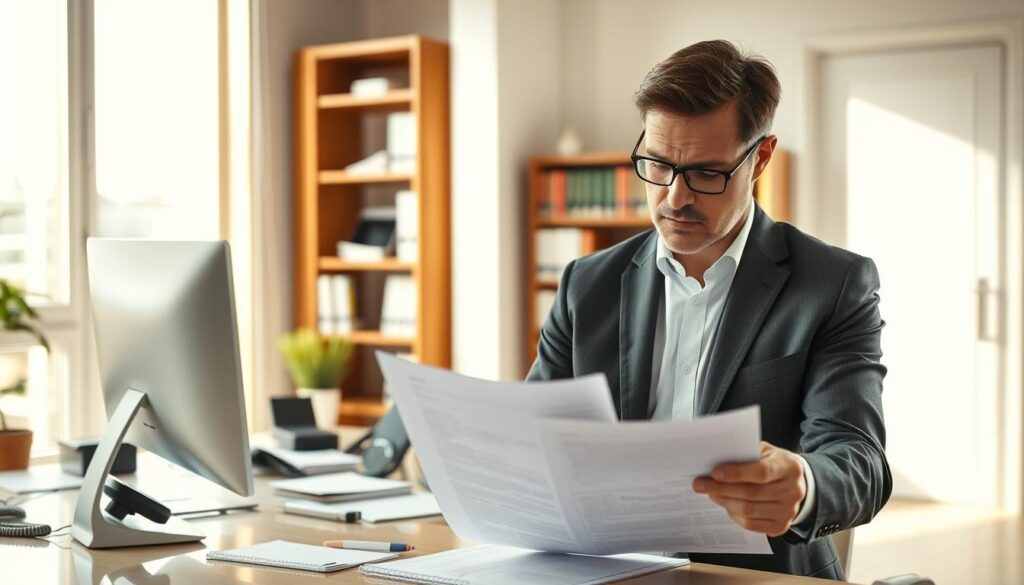 A professional, polished office setting with a focused business executive engaged in a successful reference check. The scene is bathed in warm, natural lighting from large windows, casting a productive, collaborative atmosphere. In the foreground, the executive reviews a detailed report, brow furrowed in concentration, conveying the gravity and importance of the task. The middle ground features a neatly organized desk with a computer, phone, and other work tools, suggesting a methodical, thorough approach. The background showcases a bookshelf filled with reference materials, hinting at the wealth of knowledge and resources available. The overall composition radiates an air of confidence, competence, and discretion - the hallmarks of a seamless, successful reference check.