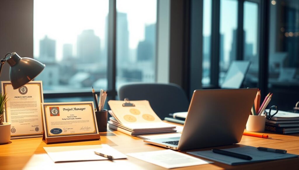 A professional project manager's workspace, bathed in warm, focused lighting. In the foreground, various industry-recognized certifications and credentials are prominently displayed, symbolizing the knowledge and expertise required for the role. The middle ground showcases a laptop, files, and project management tools, hinting at the day-to-day responsibilities. In the background, a city skyline or office environment suggests the broader context in which the project manager operates. The overall atmosphere conveys a sense of professionalism, productivity, and the importance of continuous learning and development for effective project leadership.