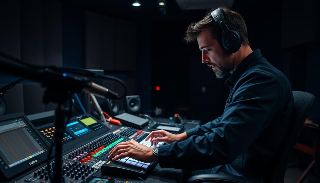 A professional recording engineer diligently operating a state-of-the-art sound mixing console, surrounded by an array of microphones, cables, and audio equipment. The room is dimly lit, creating a focused, introspective atmosphere, with the engineer's face illuminated by the soft glow of the console's display panels. The background is filled with the iconic sound-absorbing panels and acoustic treatment, conveying the technical precision and attention to detail required in this specialized field. The engineer's expression is one of deep concentration, their hands expertly manipulating the various knobs and faders, fine-tuning the audio mix to perfection.