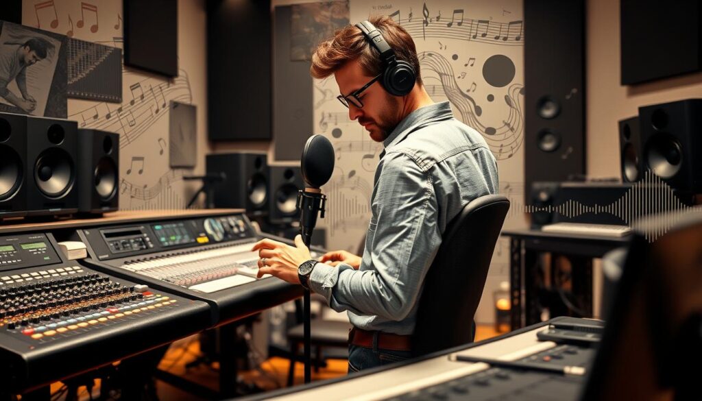 A professional recording engineer's career path, showcasing their journey from a sound technician to a renowned music producer. The scene depicts a recording studio with state-of-the-art equipment, including sound mixing consoles, microphones, and sound-absorbing panels. The engineer, dressed in a casual yet professional attire, is intently focused on the task at hand, meticulously adjusting the levels and fine-tuning the audio. The background features a collage of musical notes, soundwaves, and various music-related elements, highlighting the technical and creative aspects of the profession. The overall mood is one of dedication, expertise, and the seamless integration of music and technology.