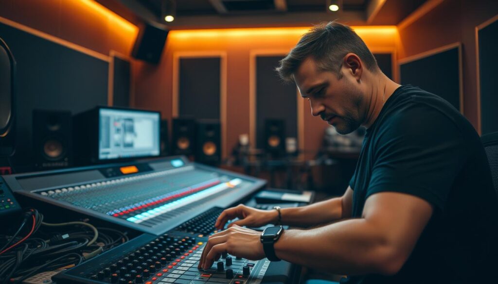 A professional recording studio setting, with a technician at a mixing console, wearing a focused expression as they carefully adjust knobs and faders. The room is dimly lit, with warm lighting illuminating the various sound equipment and instruments. In the background, a large soundboard and an array of cables and connectors are visible, conveying the intricate technical nature of the mastering engineer's craft. The overall atmosphere is one of meticulous attention to detail and the pursuit of audio perfection.