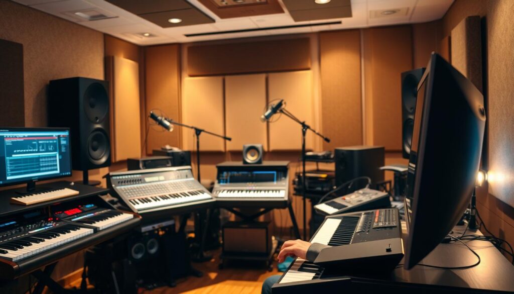A professional recording studio with an array of high-end music production equipment, including a mixing console, synthesizers, and microphones. In the foreground, a composer sits intently at a computer, their fingers dancing across the keyboard as they craft a new musical composition. Soft, warm lighting illuminates the scene, creating a focused and creative atmosphere. The background features sound-dampening panels and acoustic treatment, hinting at the precise audio engineering required for music production. The overall impression is one of a dedicated creative workspace, where the art of music-making is meticulously crafted.