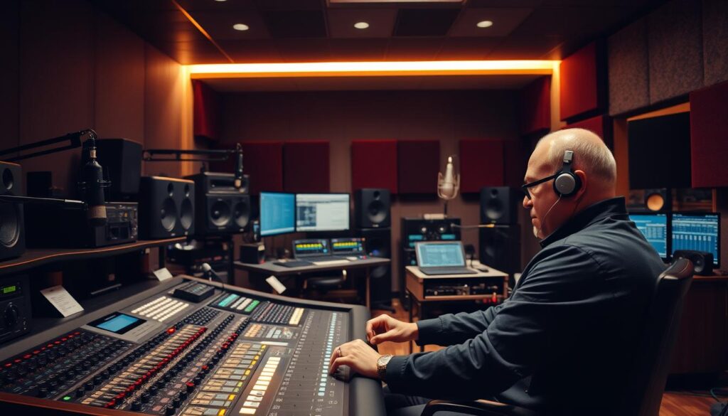 A professional recording studio with state-of-the-art audio equipment, including mixing consoles, microphones, and speakers. The room is dimly lit, with warm, ambient lighting highlighting the various controls and panels. In the foreground, a sound engineer sits intently, hands on the mixing desk, fine-tuning the audio levels and applying precise adjustments. The middle ground features various audio processing units, cables, and monitors, conveying the technical complexity of the setup. The background depicts soundproofing materials, acoustic panels, and a sense of the controlled, acoustically optimized environment necessary for high-quality audio production.