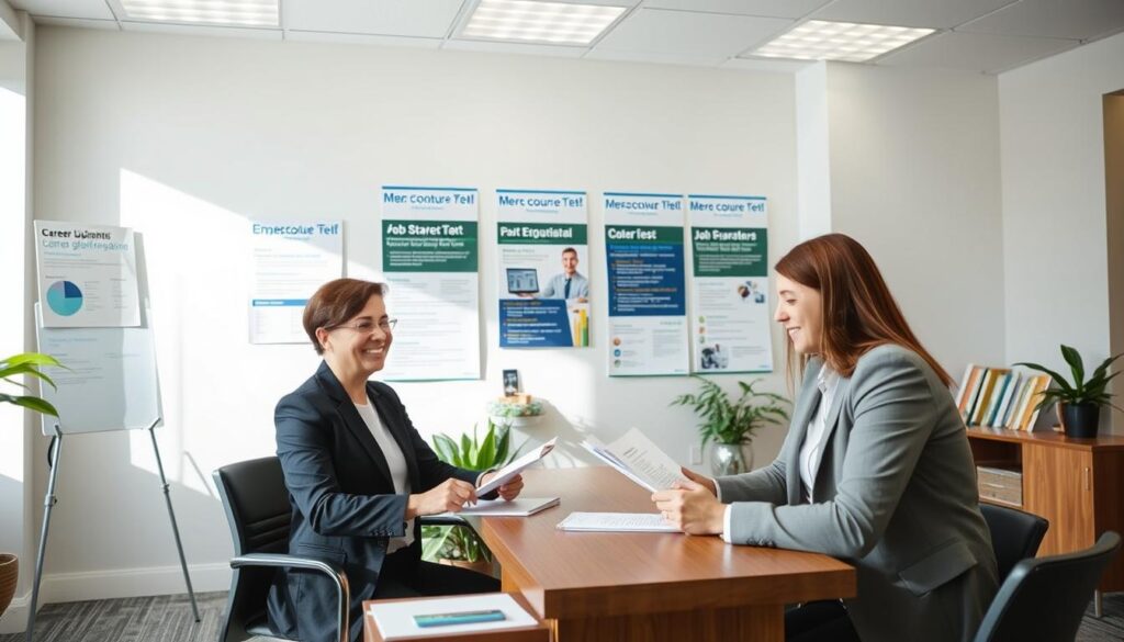 A professional, serene office space with a welcoming atmosphere. In the foreground, a smiling counselor sits at a wooden desk, offering career guidance materials to a job seeker dressed in business attire. The middle ground features an array of informative posters and brochures on employment support services. The background showcases a bright, sunlit room with modern, minimalist decor, creating a sense of productivity and opportunity. Soft lighting and muted colors convey a calming, trust-inspiring ambiance conducive to productive career discussions.