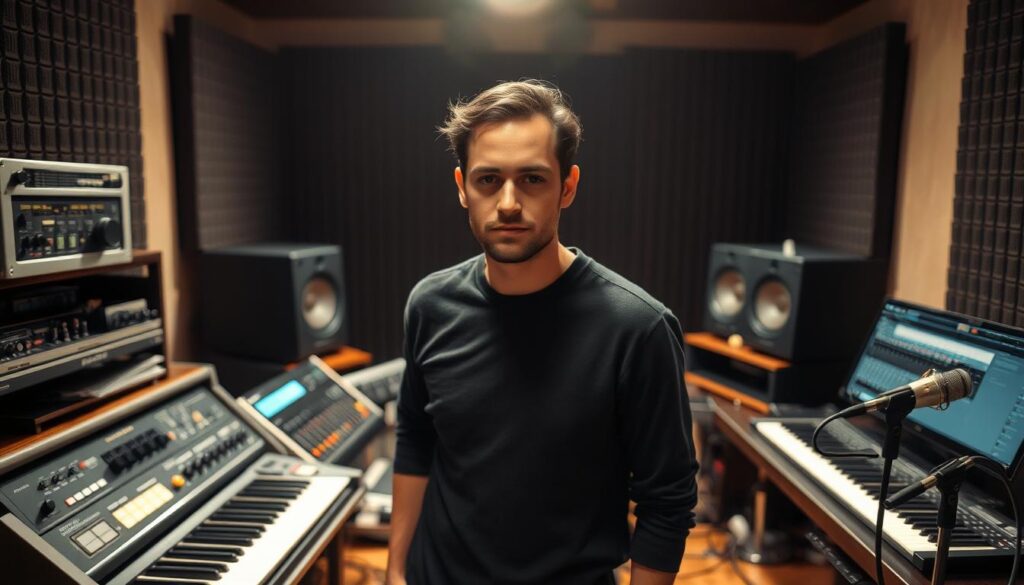 A professional sound creator standing in a dimly lit, acoustically-treated recording studio. Their face is partially obscured, but their intense focus and deep listening expression are apparent. Surrounding them are a variety of high-end audio equipment, including vintage analog synths, sleek digital workstations, and an array of microphones on a soundproofed desk. Soft, warm lighting accentuates the textures of the gear, creating an atmosphere of creative flow and concentration. The background is blurred, but hints at the soundproof walls and specialized acoustic treatment, emphasizing the sound creator's dedication to their craft.