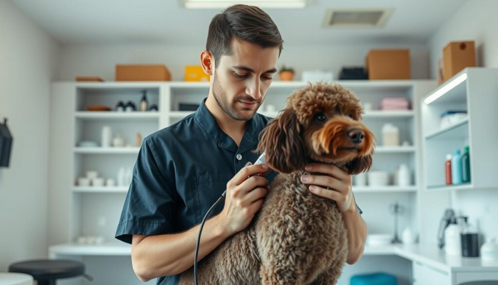 A professional trimer standing in a well-lit, modern grooming salon, meticulously trimming the fur of a poodle. The trimer's face is focused, their hands skillfully maneuvering the clippers. In the background, shelves display an array of grooming supplies and products. The room has a calming, inviting atmosphere, with soft lighting and a clean, organized layout. The trimer's uniform is neat and tidy, conveying a sense of expertise and professionalism. The poodle's fur is neatly trimmed, showcasing the trimer's attention to detail and high-quality work. An aura of care and dedication permeates the scene, reflecting the trimer's commitment to their craft and the well-being of their canine clients.