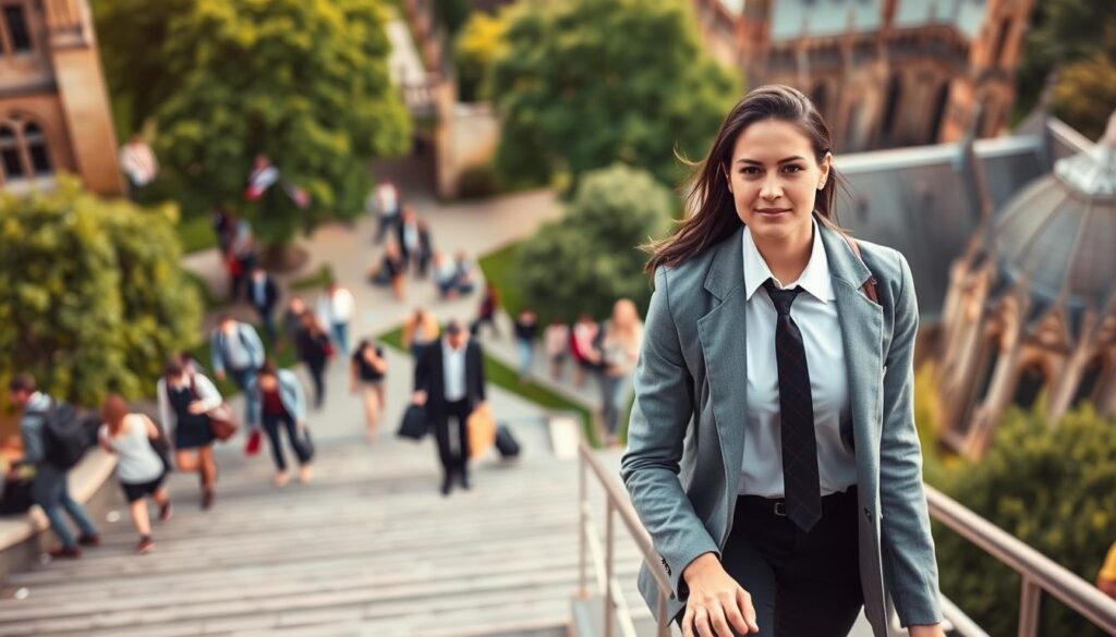 A professional university staff member ascending a career path, navigating the academic landscape. In the foreground, a smartly-dressed employee climbing stairs, determined expression. Midground features bustling campus life - students, faculty, administrative staff, all part of the university ecosystem. Backdrop showcases iconic university architecture, Gothic spires, and lush greenery. Warm afternoon lighting filters through, conveying a sense of opportunity and growth. Depth of field blurs peripheral details, drawing the eye to the central figure's ascent. Composition emphasizes the linear progression, hinting at the multifaceted roles and responsibilities of a university staff member's career trajectory.