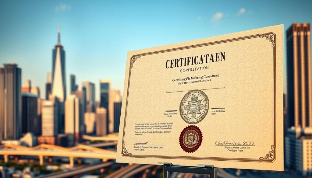 A professional urban planning consultant's certificate, displayed prominently against a backdrop of a bustling city skyline. The document is meticulously rendered, with intricate details and a polished, official appearance. Warm, directional lighting casts subtle shadows, highlighting the textured surface and formal seal. The cityscape in the distance conveys a sense of the consultant's expertise and the impact of their work, with towering skyscrapers, bridges, and infrastructure elements. The overall composition conveys a sense of authority, expertise, and the importance of the urban planning consultant's role in shaping the built environment.