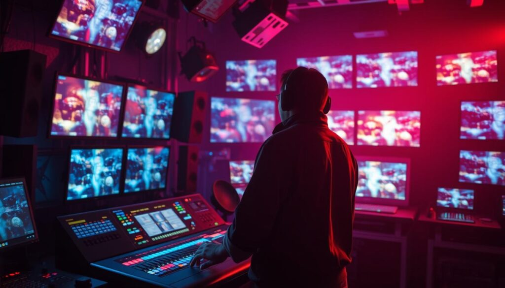 A professional video jockey standing in a dimly lit control room, surrounded by an array of video screens, mixing consoles, and audio equipment. The scene is bathed in a warm, pulsing glow from the various displays, creating an immersive, high-tech atmosphere. The video jockey's hands deftly manipulate the controls, seamlessly blending and transitioning between multiple video sources in real-time, creating a mesmerizing visual performance. The camera captures the jockey's intense focus and the dynamic energy of the live video mixing process, showcasing the technical skills and creativity required for this role.