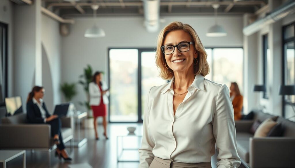 A professional, well-dressed 40-year-old woman stands confidently in a modern, sun-lit office, surrounded by a diverse team of colleagues. The camera angle is slightly low, emphasizing her determination and competence. The scene conveys a sense of opportunity, growth, and the successful transition to a new career path. Soft, diffused lighting creates a warm, inviting atmosphere, while the clean, minimalist decor and sleek furniture suggest a progressive, innovative workplace. The woman's attire is stylish yet professional, projecting an image of confidence and expertise. The overall composition captures the empowerment and possibilities available to women in their 40s seeking a career change.