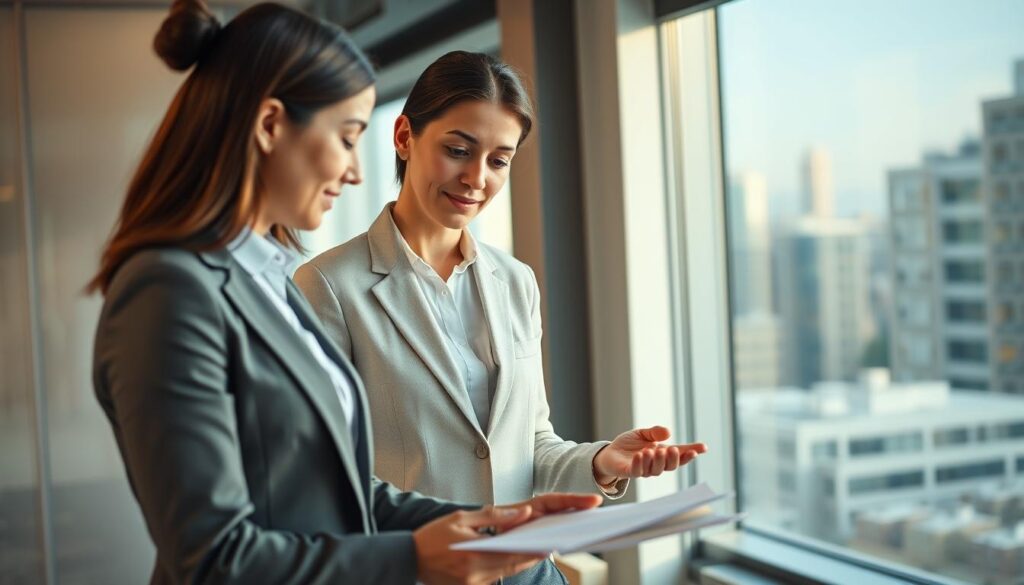 A professional, well-dressed career consultant stands in a modern office, intently guiding a client through career options and job search strategies. The lighting is warm and inviting, creating a sense of trust and collaboration. In the background, a large window offers a cityscape view, symbolizing the wide range of opportunities available. The consultant's body language and facial expression convey empathy, expertise, and a genuine desire to help the client navigate the complex process of finding the right job fit. The scene captures the valuable role a knowledgeable and personalized employment agency can play in a successful career transition.