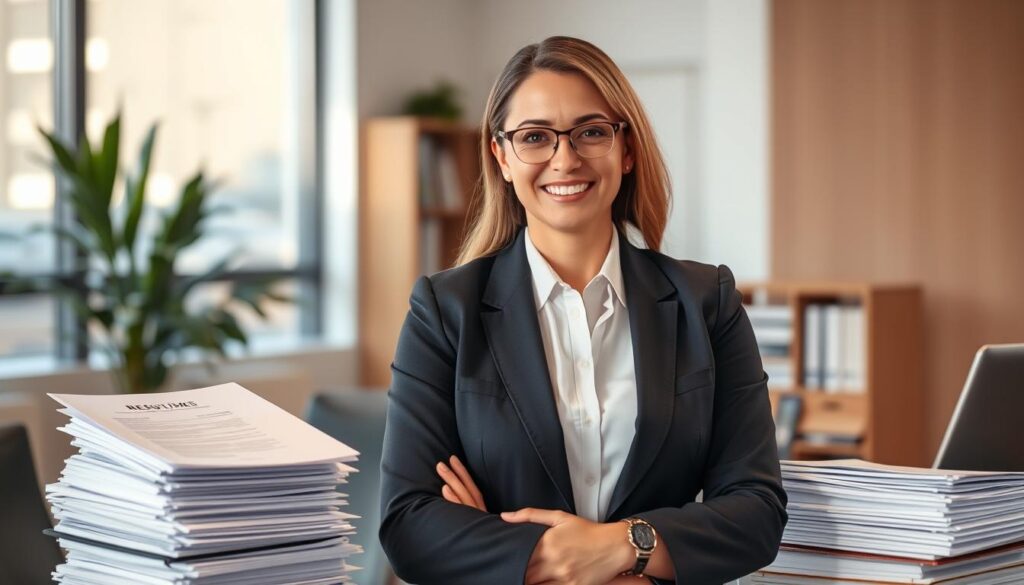 A professional, well-dressed career counselor standing confidently in a modern office, surrounded by stacks of resumes and laptops. Warm, natural lighting illuminates the scene, creating a welcoming atmosphere. The counselor's expression is friendly and approachable, conveying a sense of expertise and a genuine desire to help job seekers achieve their goals. The background features clean, minimalist decor, allowing the focus to remain on the counselor and the resources available to assist with career transitions.