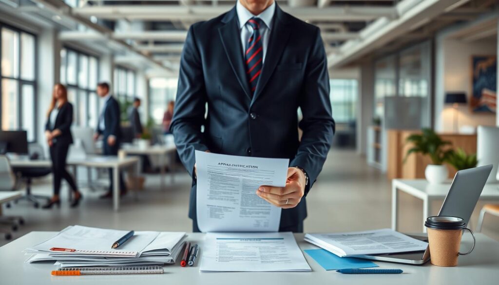 A professional, well-dressed individual stands confidently against a backdrop of a bustling office environment. The foreground features the person carefully reviewing their resume and job application materials, exuding a sense of preparedness and determination. The middle ground showcases an array of office supplies, laptop, and a cup of coffee, symbolizing the dedicated effort required for a successful job transition. The background depicts a modern, open-concept workspace with clean lines, ample natural lighting, and the faint silhouettes of other professionals, creating an atmosphere of productivity and opportunity. The overall scene conveys the notion of a 40-year-old individual proactively taking the necessary steps to navigate the challenges of a career change and achieve a rewarding new path.
