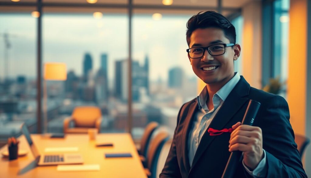 A professional, well-dressed person stands confidently in the foreground, holding a diploma or certificate. In the middle ground, a career-focused scene unfolds, with a laptop, desk, and other office elements. The background features a city skyline, hinting at the broader opportunities unlocked by professional advancement. The lighting is warm and inviting, creating a sense of achievement and progress. The overall composition conveys the idea of career development through formal education and skill acquisition.