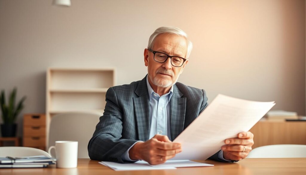 A professional, well-dressed senior sitting at a desk, confidently reviewing documents and planning their next career move. The lighting is warm and focused, drawing attention to the person's determination and experience. The background is a modern, minimalist office space, conveying a sense of productivity and success. The overall mood is one of confidence, optimism, and the belief that it's never too late to reinvent oneself.