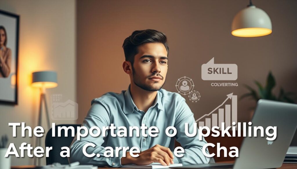 A professional, well-lit office space with a focused employee at a desk, surrounded by visual aids demonstrating skills and growth. Soft, warm lighting casts an air of determination and productivity. The employee's facial expression conveys a sense of renewed confidence and purpose, symbolizing the importance of upskilling after a career change. The background features muted tones and minimalist decor, allowing the subject to take center stage. The composition emphasizes the act of learning and self-improvement, capturing the essence of the section title "The Importance of Upskilling After a Career Change".