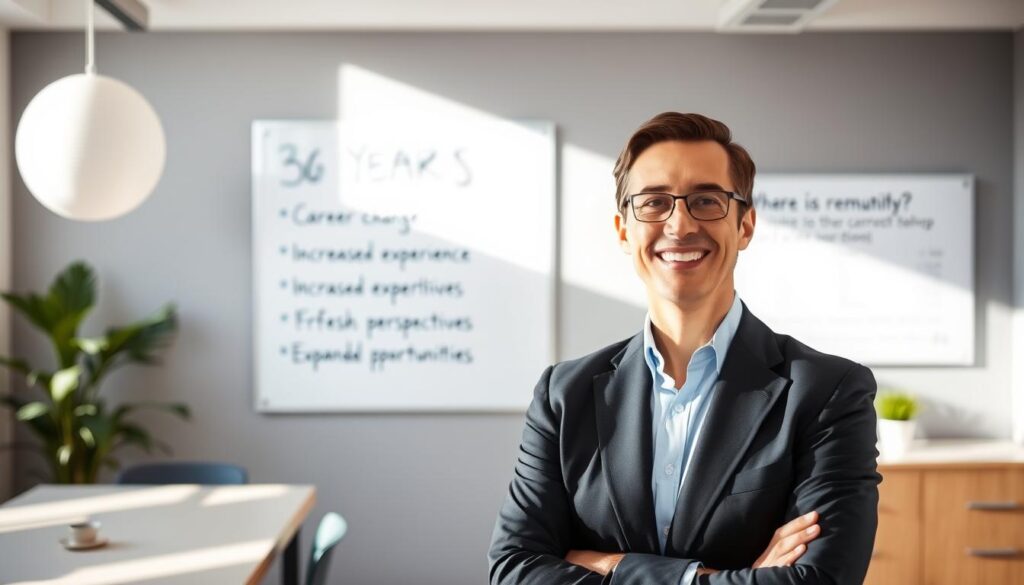 A professional, well-lit photograph of a 36-year-old individual standing confidently in a modern office setting, with a warm, optimistic expression on their face. The subject is dressed in business attire, conveying a sense of reinvention and career progression. In the background, a wall-mounted whiteboard displays a list of benefits associated with a career change at this age, such as increased experience, fresh perspectives, and expanded opportunities. Soft, natural lighting illuminates the scene, creating a sense of positivity and possibility.