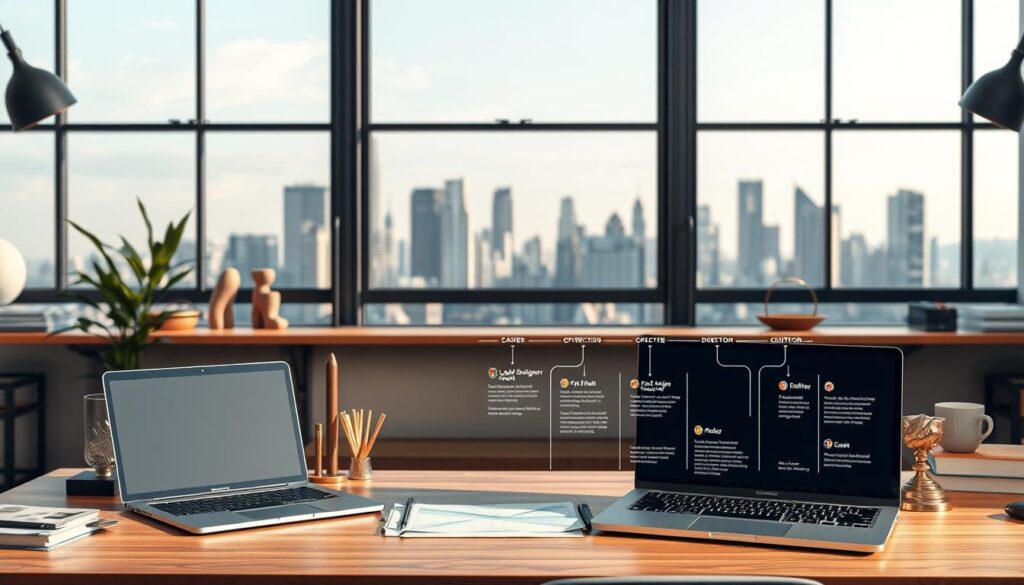 A professional, well-lit studio scene depicting the key milestones and opportunities for career advancement of a design producer. In the foreground, a neatly organized desk with a laptop, design tools, and industry awards, conveying a sense of achievement and progression. The middle ground features a career roadmap visualization with branching paths, skill development icons, and markers for roles like lead designer, art director, and creative director. In the background, a large window overlooking a modern urban skyline, symbolizing the expansive possibilities and growth potential of the design producer profession. The overall atmosphere is one of aspiration, ambition, and a strategic approach to cultivating a successful design career.