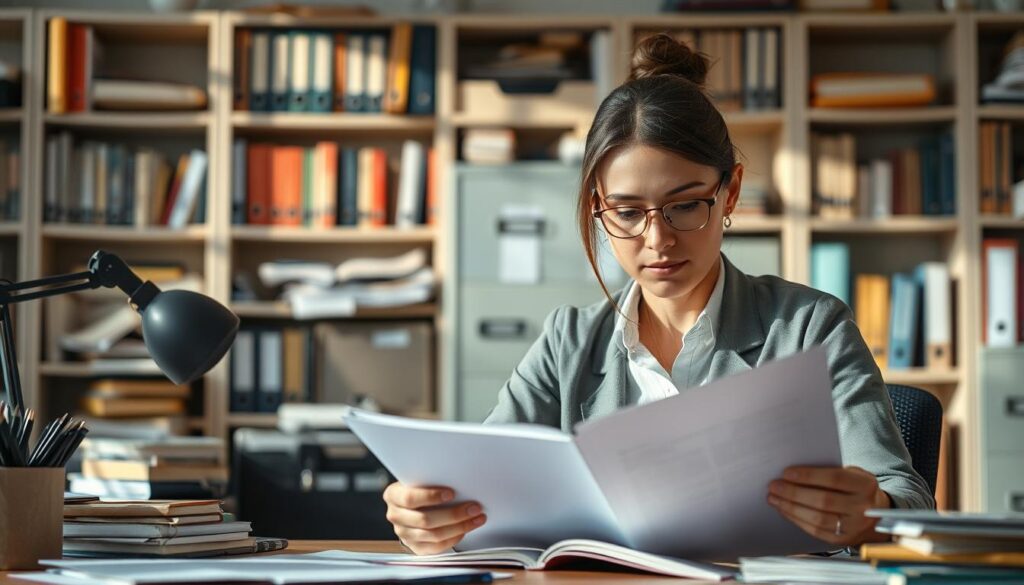 A professional, well-organized office setting with a focused editor carefully reviewing a manuscript, surrounded by an array of reference materials and tools of the trade. Soft, natural lighting illuminates the scene, casting subtle shadows that add depth and dimension. The editor's expression conveys a sense of thoughtful concentration, reflecting the importance of their role in ensuring the highest quality of the written work. In the background, bookshelves and file cabinets suggest the wealth of knowledge and resources at the editor's disposal. The overall atmosphere exudes a tranquil, studious ambiance, embodying the diligence and attention to detail that characterize a successful editor's approach.