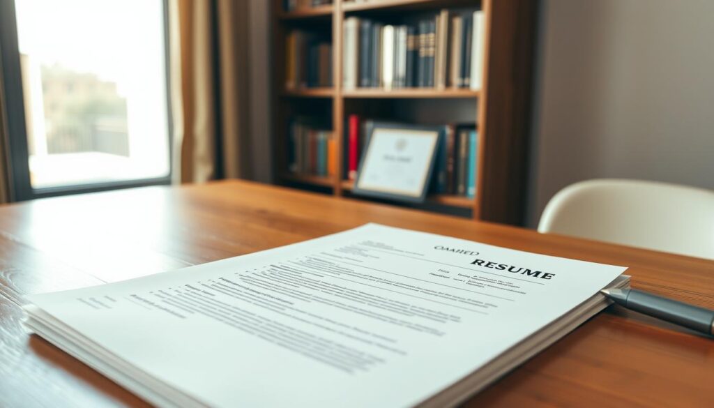 A professional, well-organized resume on a wooden desk, illuminated by warm, natural lighting from an adjacent window. The resume is neatly laid out, with clear section headings, concise bullet points, and a clean, minimalist design. In the background, a bookshelf filled with career-related books and a framed diploma or certificate, conveying a sense of expertise and preparation. The composition should strike a balance between formality and approachability, capturing the essence of an effective resume that could help a 36-year-old professional achieve their career goals.