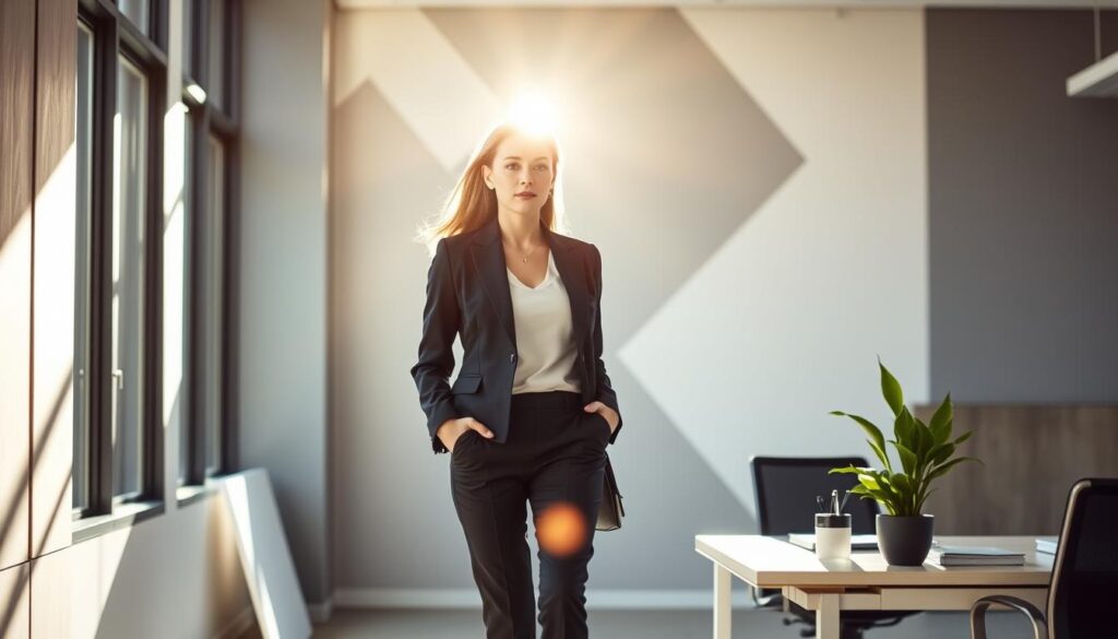 A professional woman in a sleek pantsuit confidently strides through a modern, minimalist office. Sunlight streams through floor-to-ceiling windows, casting a warm glow on her determined expression. The backdrop features a clean, geometric design in shades of gray, hinting at the data-driven world of marketing. Carefully placed desk accessories and a potted plant suggest her transition from the more tactile world of cosmetics. An air of focus and determination permeates the scene, capturing the essence of her career shift.