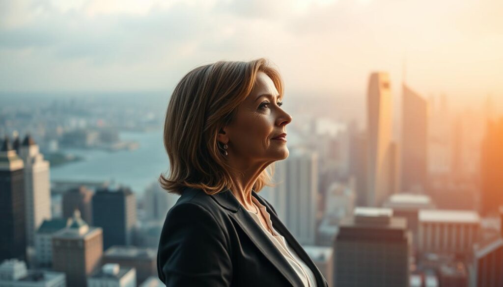A professional woman in her 40s, poised and confident, stands against a backdrop of a bustling cityscape. The lighting is soft and warm, creating a sense of depth and atmosphere. Her gaze is directed towards a projected graph, showcasing the upward trajectory of her career earnings over the years. The image conveys a narrative of a woman's successful transition into a new phase of her professional life, empowered by her experience and resilience.