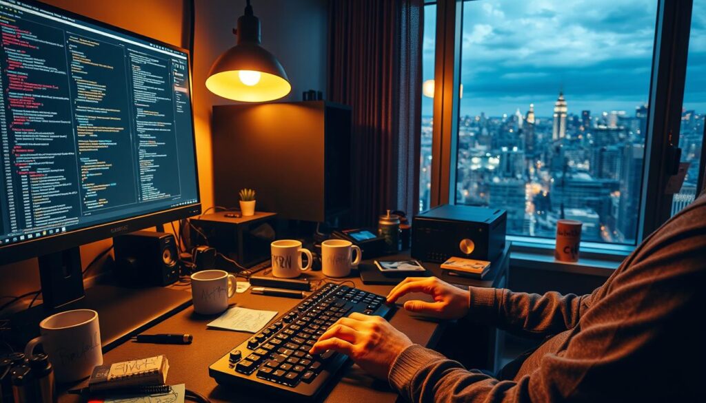 A programmer's workspace, bathed in the warm glow of a desk lamp, with a sleek and modern computer setup. In the foreground, a pair of focused hands typing furiously on a mechanical keyboard, surrounded by an array of colorful code snippets and debug windows on the screen. The middle ground features a cluttered desk, with various tech gadgets, coffee mugs, and sticky notes covered in scribbles. In the background, a panoramic window offers a view of a bustling cityscape, hinting at the dynamic and ever-evolving nature of the programmer's work. The scene conveys a sense of intensity, creativity, and deep immersion in the digital realm.
