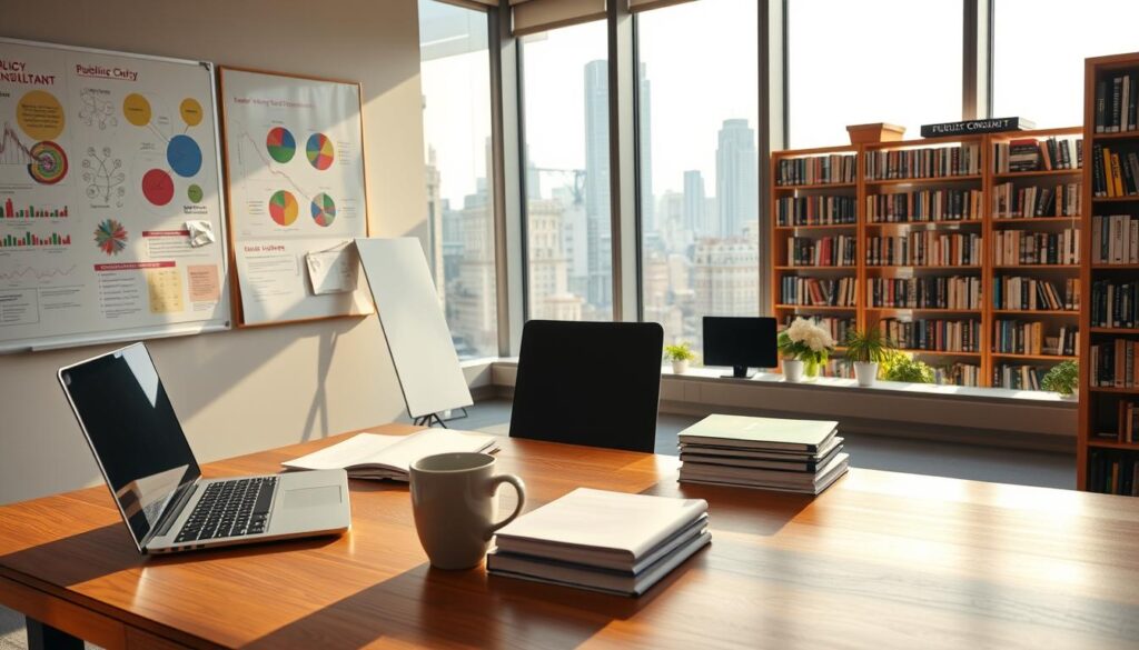 A public policy consultant's workspace, bathed in warm, natural light filtering through large windows. In the foreground, a polished oak desk with a laptop, folders, and a mug of steaming coffee. On the walls, whiteboards covered in colorful diagrams and charts, reflecting the consultant's deep analysis and strategic planning. In the middle ground, bookcases filled with volumes on policy, economics, and social issues, a testament to their expertise. The background reveals a bustling city skyline, hinting at the consultant's role in shaping the urban landscape through their recommendations and insights. An air of focused productivity and intellectual rigor permeates the scene, capturing the essence of a public policy consultant's daily work.