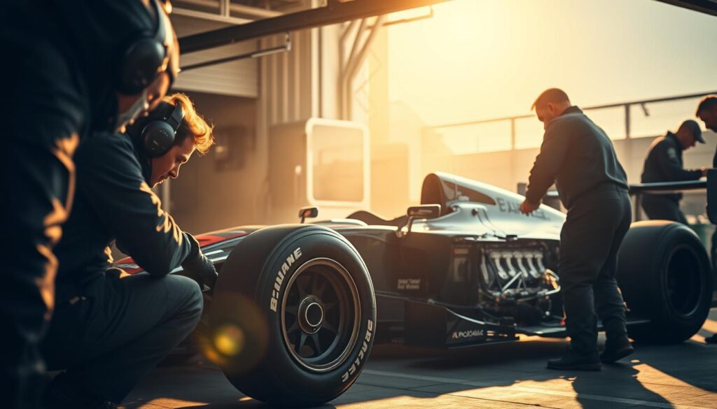 A racecar pit crew diligently prepares for an upcoming race. In the foreground, a mechanic meticulously checks the tires, ensuring optimal grip and performance. In the middle ground, an engineer examines the engine, making final adjustments to the fuel mixture and ignition timing. In the background, the racecar stands gleaming, its sleek body reflecting the bright lights of the garage. The atmosphere is tense yet focused, as the team works in unison to ready the vehicle for the challenges ahead. Soft shadows and warm, golden lighting create a sense of anticipation and professionalism. The scene conveys the essential skills and dedication required of a racing driver's support crew.