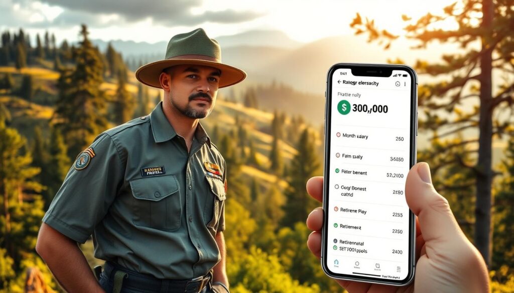 A ranger standing in a lush, forested landscape, wearing a rugged outdoor uniform with patches and insignia denoting their role. In the foreground, a tablet or smartphone displays financial details like monthly salary, benefits, and retirement plans. The background features rolling hills, towering trees, and a glimpse of a mountain range in the distance, conveying the serene, natural setting of a ranger's work. Warm, golden sunlight filters through the canopy, casting a soft glow over the scene. The overall mood is one of professionalism, responsibility, and the balance between outdoor adventure and financial stability.