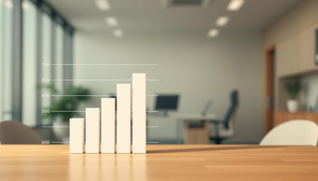 A realistic data visualization depicting the average salary of caregiving professionals in a minimalist, infographic-style layout. Rendered in a warm, muted color palette with soft lighting, the image showcases a clean bar graph or chart prominently displayed, highlighting the average wage figures in a clear, easy-to-understand format. The background should feature a subtle, blurred office or healthcare environment to establish context, without distracting from the primary data presentation. The overall composition should convey a sense of professionalism, authority and attention to detail, suitable for inclusion in a comprehensive article on the caregiving industry.