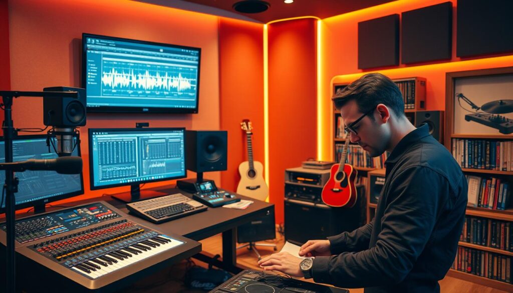 A recording engineer's studio, bathed in warm, amber lighting, with sleek mixing consoles, sound-dampened walls, and a collection of high-end microphones and audio equipment. In the foreground, a focused engineer intently operates the controls, immersed in the creative process. Behind them, a large soundboard displays intricate waveforms and levels, while a computer screen showcases advanced audio editing software. In the background, a large acoustic guitar, a vintage vinyl record player, and shelves of classic music albums hint at the engineer's passion for the art of recording. The scene conveys a sense of dedication, technical mastery, and the harmonious fusion of music and technology.