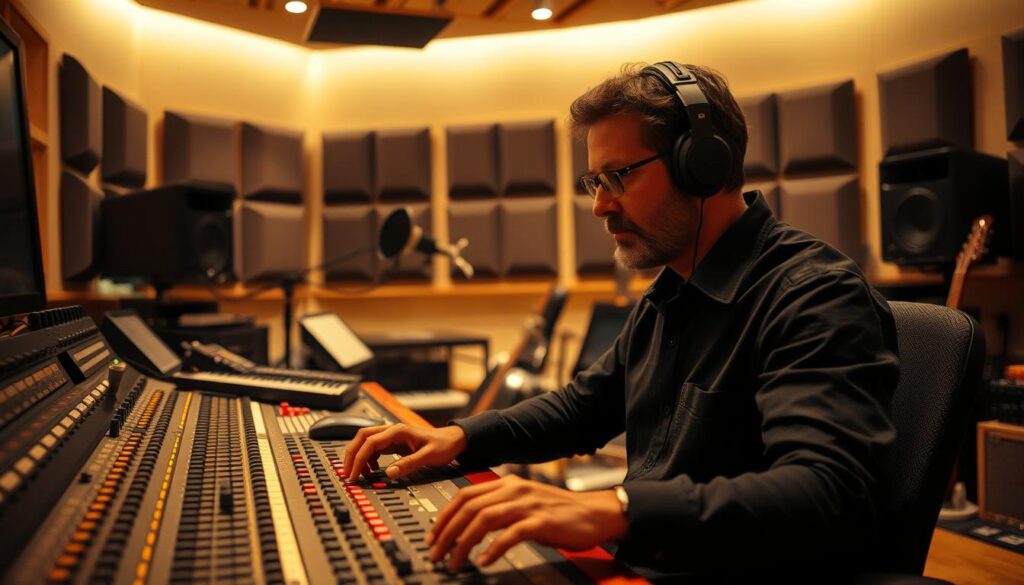 A recording engineer's studio, bathed in warm, ambient lighting, with a focused, pensive figure at the mixing console, surrounded by an array of sound equipment and instruments. The foreground showcases the engineer's hands skillfully manipulating knobs and faders, their expression one of deep concentration. In the middle ground, a soundproofed recording booth stands ready, hinting at the creative process. The background depicts a wall of sound-dampening panels, creating a professional, acoustically-optimized environment. The overall atmosphere conveys the engineer's technical expertise, keen attention to detail, and a passion for blending art and technology.