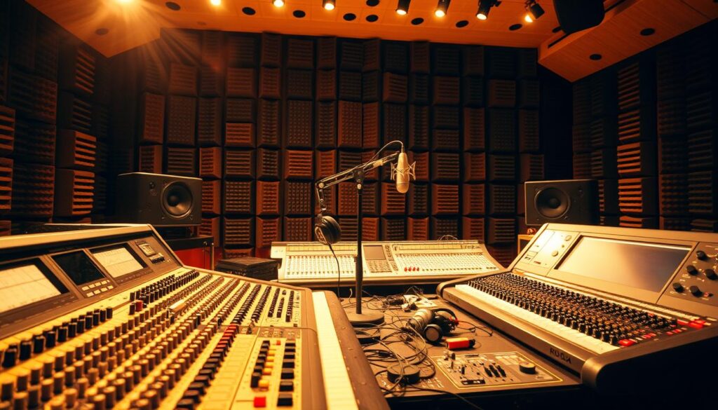 A recording engineer's studio, bathed in warm, golden light. Intricate soundboards, knobs, and sliders in the foreground, meticulously arranged for precise audio control. In the middle ground, a pair of high-fidelity headphones and a microphone stand, ready to capture the musical performance. The background showcases a vast array of sound-absorbing panels, strategically placed to optimize the acoustics. The scene exudes a sense of technical mastery, innovation, and a deep understanding of the interplay between music and technology.