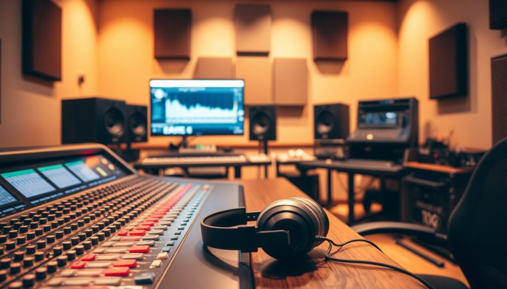 A recording engineer's workspace, bathed in warm studio lighting and filled with professional audio equipment. In the foreground, a sleek mixing console with an array of faders, knobs, and meters. Behind it, a high-resolution monitor displays waveforms and music production software. In the middle ground, a pair of studio-grade headphones rests on a sturdy desk, hinting at the hours of meticulous listening and adjustments. The background features a soundproofed wall with strategically placed acoustic panels, creating an environment conducive to capturing pristine audio. The overall atmosphere exudes a sense of technical mastery and creative focus, reflecting the specialized skills and expertise of a recording engineer.