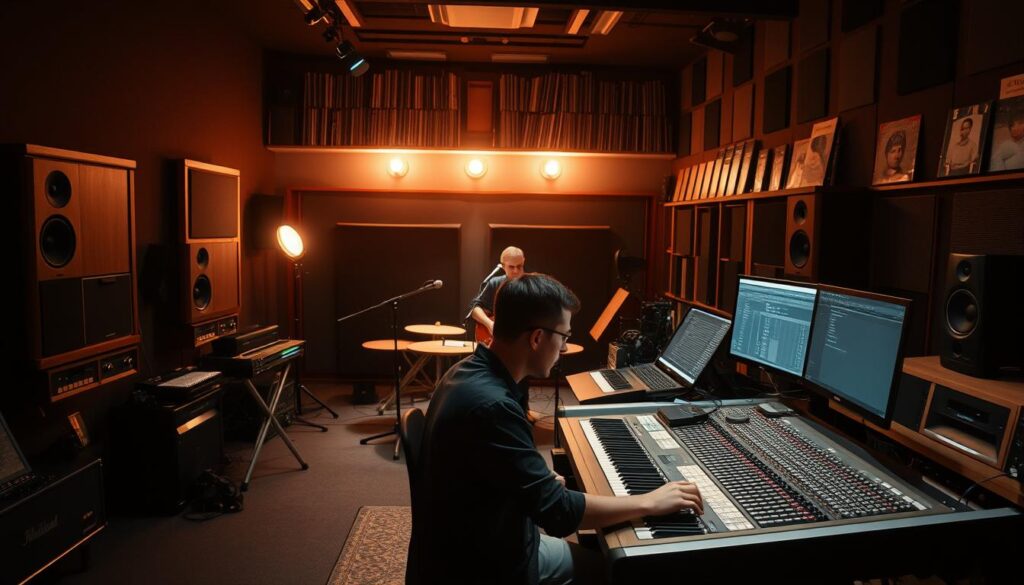 A recording studio in a dimly lit, moody atmosphere. In the foreground, a producer sits at a sleek, modern workstation, hands on the mixing console, focused intently on the music they are crafting. Surrounding them, the studio is filled with a variety of professional audio equipment - microphones, speakers, keyboards, and other instruments. The middle ground features a guitarist and vocalist collaborating, the warm glow of recording lights casting an intimate ambiance. In the background, shelves lined with vinyl records and sound-dampening acoustic panels create a sense of depth and the creative process of music production.