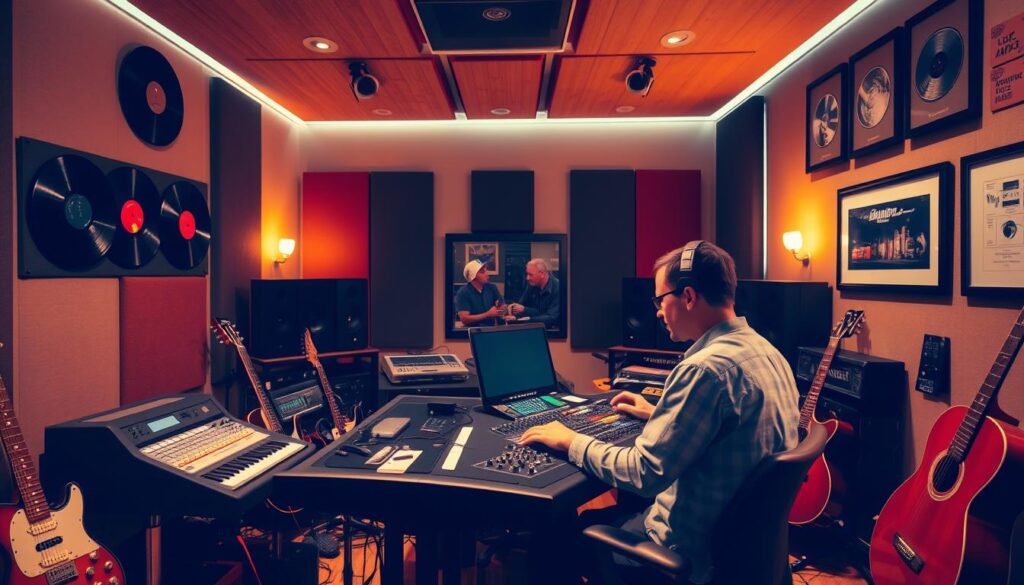 A recording studio with a sound engineer working at a soundboard, surrounded by an array of musical instruments and audio equipment. The engineer is focused, adjusting knobs and sliders, fine-tuning the mix. Warm, ambient lighting creates a cozy, creative atmosphere. The room is lined with sound-absorbing panels, creating an acoustically optimized space. On the walls, framed vinyl records and awards hint at the engineer's experience and accomplishments. The overall scene conveys the technical expertise and artistic passion required to be a successful sound creator.