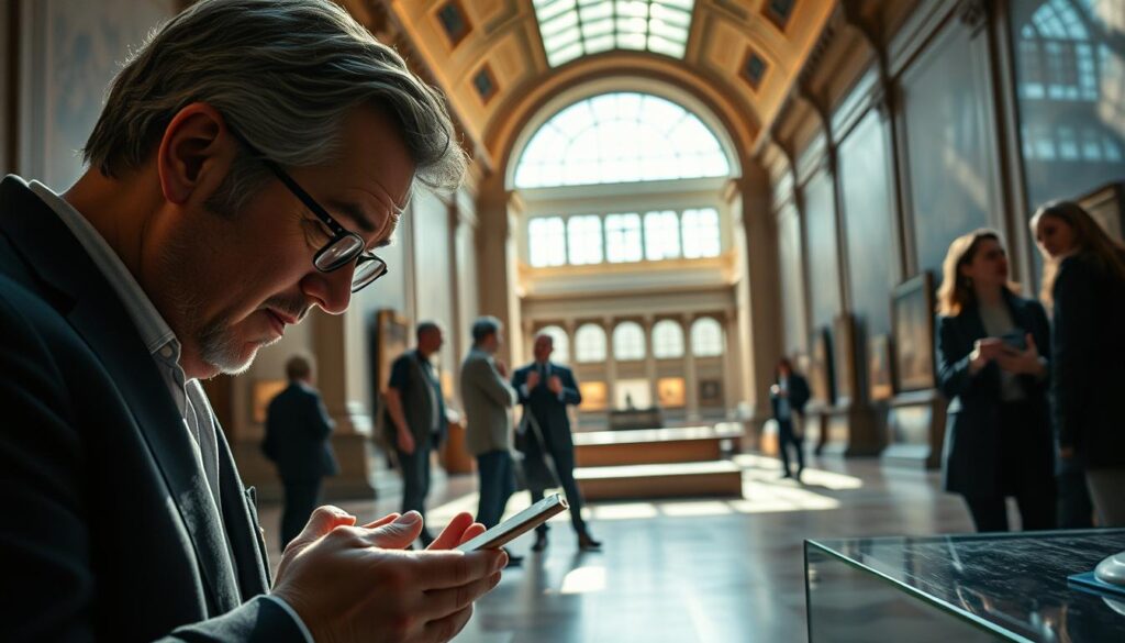 A refined and elegant museum curator's day, captured through a cinematic lens. In the foreground, the curator meticulously examines a rare artifact, their keen eye and thoughtful expression conveying a deep appreciation for the work. The middle ground reveals the curator engaged in lively discussions with visiting scholars, their gestures animated as they share insights. In the background, the grand, sun-dappled halls of the museum provide a stately backdrop, housing a diverse collection of masterpieces. Soft, warm lighting casts a contemplative glow, evoking the reverence and intellectual rigor that define the curator's role. The scene conveys the curator's multifaceted responsibilities - connoisseurship, education, and stewardship - as they navigate the captivating world of art and culture.