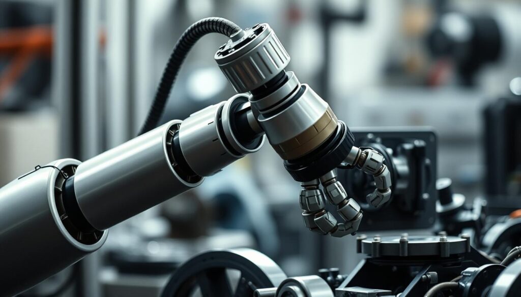 A robotic arm skillfully manipulating intricate machinery, captured in a tightly framed close-up. The arm's smooth, metallic movements are highlighted by soft, diffused lighting, casting dynamic shadows that accentuate its precision. The background is blurred, putting the focus entirely on the arm's graceful operation, conveying the expertise and concentration required of a skilled manipulator. The scene exudes a sense of technical mastery and the importance of the manipulator's role in complex industrial processes.