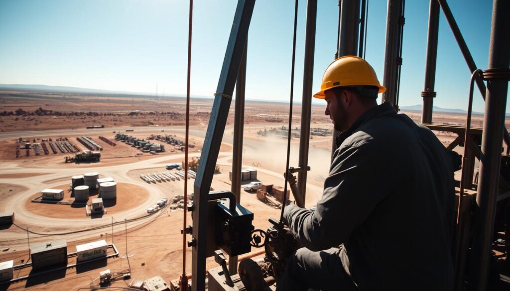 A rugged, industrial work environment at a drilling site. In the foreground, a hard-hatted driller operates a massive, powerful drilling rig, its metallic frame casting dramatic shadows under bright, high-angle sunlight. The middle ground reveals the dusty, sun-baked expanse of the work site, with assorted heavy machinery and storage containers. In the distance, a hazy horizon of barren, rocky terrain stretches out under a cloudless sky. The scene conveys the challenging, demanding nature of the driller's job, working amidst the harsh, unforgiving conditions of a remote drilling operation.