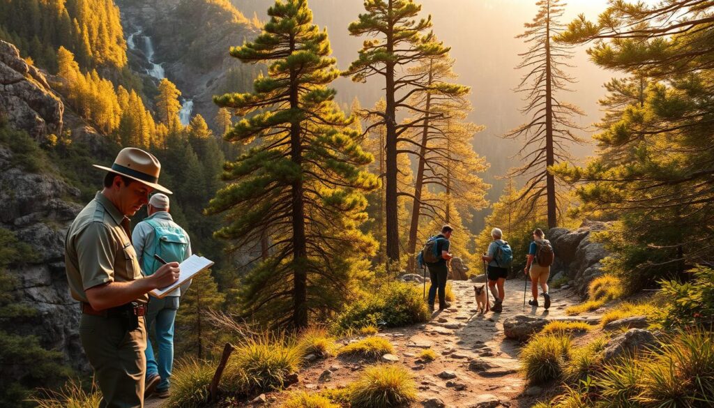 A rugged, mountainous landscape with dense forests and cascading waterfalls. In the foreground, a park ranger in uniform examines wildlife tracks, meticulously documenting observations. In the middle ground, a group of hikers follow the ranger, learning about the local ecosystem. In the background, lush, ancient trees sway gently in the breeze, bathed in warm, golden sunlight filtering through the canopy. The scene conveys the ranger's role in preserving the natural wonders, educating visitors, and ensuring the sustainable coexistence of humans and wildlife within this protected wilderness.