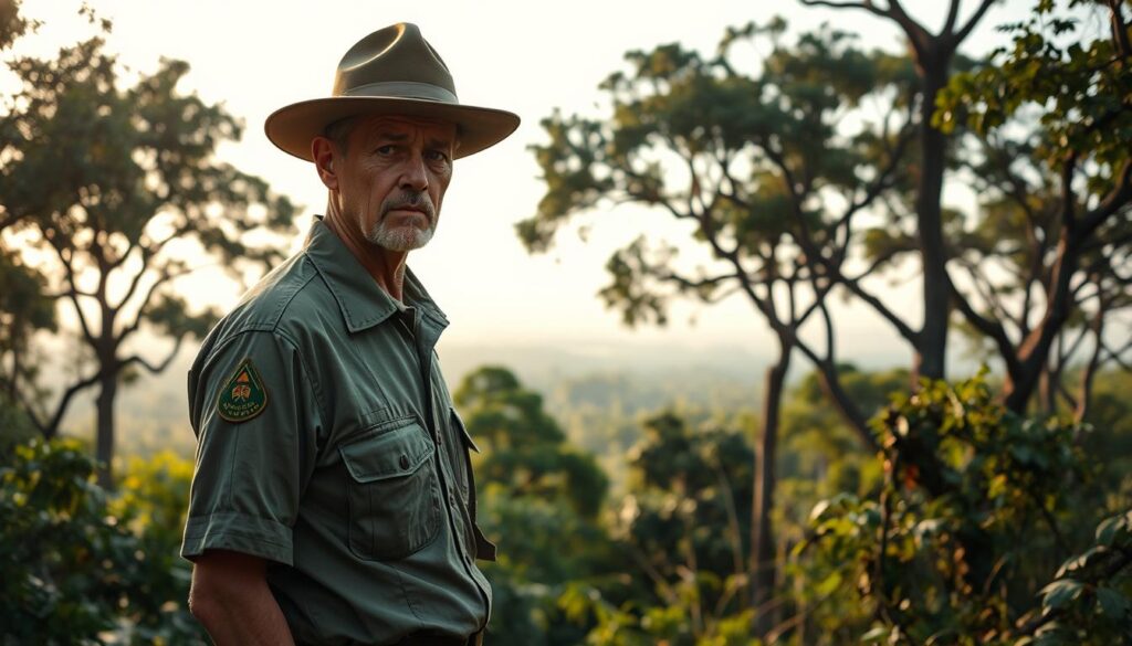 A rugged wilderness landscape, with a weary-looking park ranger standing amidst lush foliage and towering trees. The ranger's uniform is weathered, their expression etched with concern as they survey the challenges of their work - protecting the fragile ecosystem from human encroachment, illegal logging, and environmental degradation. Soft, filtered sunlight filters through the canopy, casting warm hues across the scene. In the distance, a hazy horizon hints at the vastness of the protected lands, underscoring the enormity of the ranger's responsibility. The composition conveys a sense of the ranger's solitary struggle to safeguard nature against mounting pressures, their work both vital and daunting.