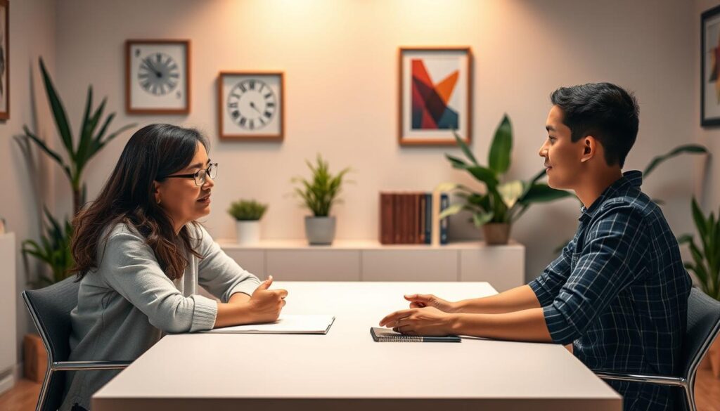 A school counselor deeply engaged in a one-on-one session with a student, seated at a modern, minimalist desk in a warm, softly lit office. The counselor's expression is empathetic and attentive, conveying a sense of care and professionalism. The student appears relaxed, able to openly discuss their concerns. The office features tasteful decor, with plants and artwork adding a calming, nurturing atmosphere. Indirect lighting casts a gentle glow, creating an environment conducive to open and meaningful dialogue. The scene captures the essence of a school counselor's role - providing compassionate guidance and support to help students navigate their academic and personal challenges.