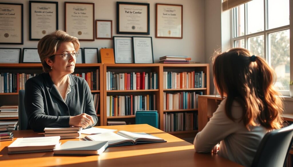 A school counselor's office, bathed in warm, natural lighting that filters through large windows. On the desk, an array of books, a laptop, and a thoughtful expression sketched on the face of the counselor, who is intently listening to a student seated across from them. The walls are adorned with diplomas and certificates, signifying their expertise and qualifications. In the background, a bookshelf filled with resources on psychology, education, and counseling techniques. The overall atmosphere conveys a sense of professionalism, empathy, and a deep commitment to supporting the well-being and growth of the students.