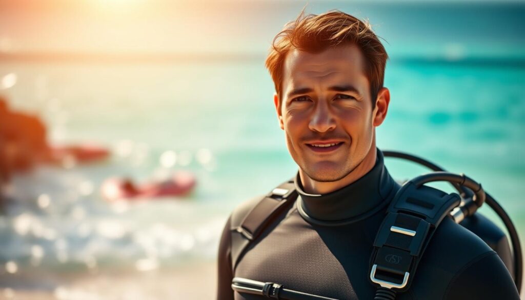A scuba diving instructor, clad in a sleek wetsuit, stands tall and confident on a sun-drenched tropical beach. The turquoise waters of the ocean shimmer in the background, promising a world of underwater exploration. The instructor's face exudes a calm, patient demeanor, ready to guide new divers into the unknown depths. The scene is bathed in warm, golden lighting, creating a sense of tranquility and adventure. The composition places the instructor in the foreground, with the beach and ocean forming a picturesque backdrop, inviting the viewer to imagine themselves alongside this skilled and dedicated professional.