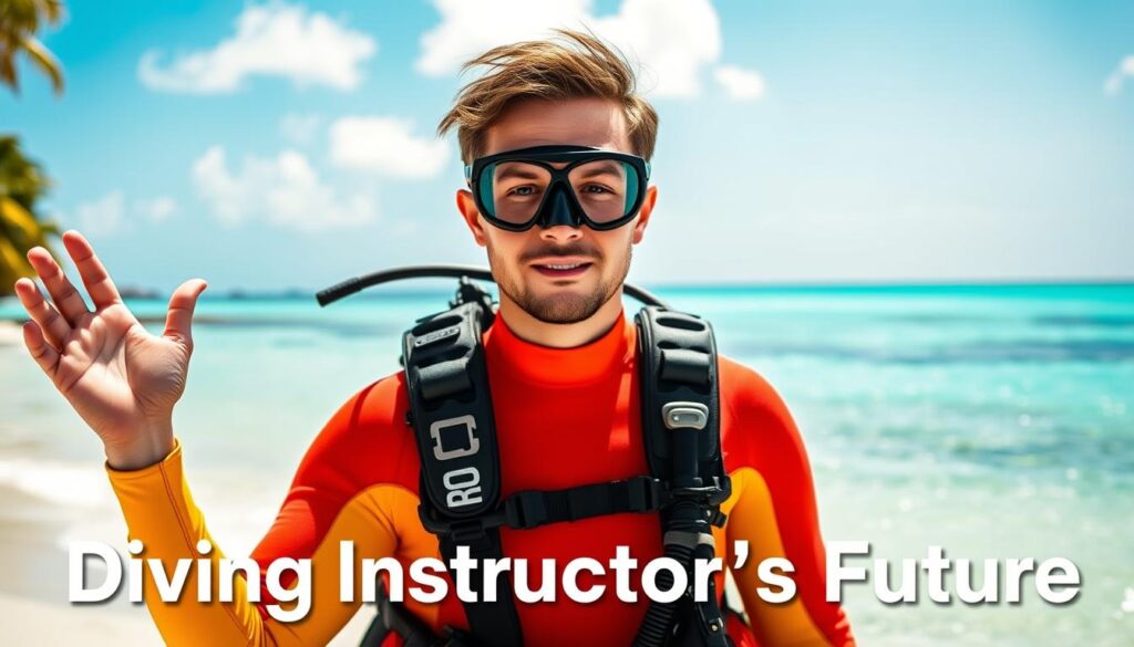 A scuba diving instructor, clad in a vibrant wetsuit, stands confidently on a sun-dappled beach, one hand gesturing towards the crystal-clear waters. Their gaze is focused, exuding a sense of expertise and passion for their craft. In the background, a stunning seascape with swaying palm trees and a turquoise horizon sets the stage for a thrilling underwater adventure. Soft, directional lighting illuminates the scene, accentuating the instructor's features and the inviting ocean beyond. This image evokes the allure and potential of a career as a diving professional, capturing the essence of the "Diving Instructor's Future" section of the article.