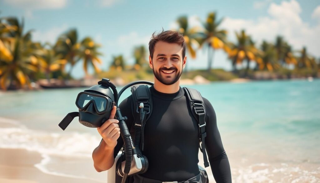 A scuba diving instructor, clad in a wetsuit, stands confidently on a sun-drenched tropical beach, holding a diving mask and tank. The gentle ocean waves lap at the shore, and in the background, lush palm trees sway in the warm breeze. The instructor's expression is one of expertise and enthusiasm, conveying the thrill and adventure of introducing others to the underwater world. Soft, diffused lighting illuminates the scene, creating a serene and inviting atmosphere. The camera angle is slightly elevated, giving a panoramic view that showcases the instructor's role as a guide and mentor to aspiring divers.