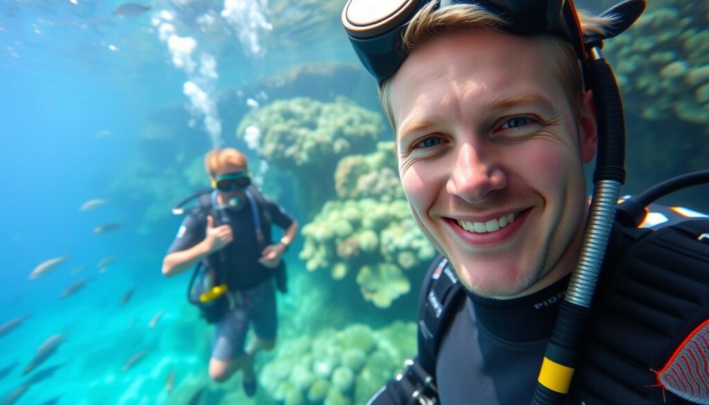 A scuba diving instructor stands in a tropical underwater scene, wearing a wetsuit and holding diving equipment. The foreground shows the instructor's face in close-up, with a warm, friendly expression. The middle ground depicts the instructor demonstrating proper technique to students, surrounded by vibrant coral reefs and schools of colorful fish. The background features sunlight filtering through the crystal-clear blue waters, creating a sense of depth and tranquility. The lighting is natural and diffused, capturing the serene ambiance of the diving environment. The camera angle is slightly elevated, emphasizing the instructor's expertise and leadership role.