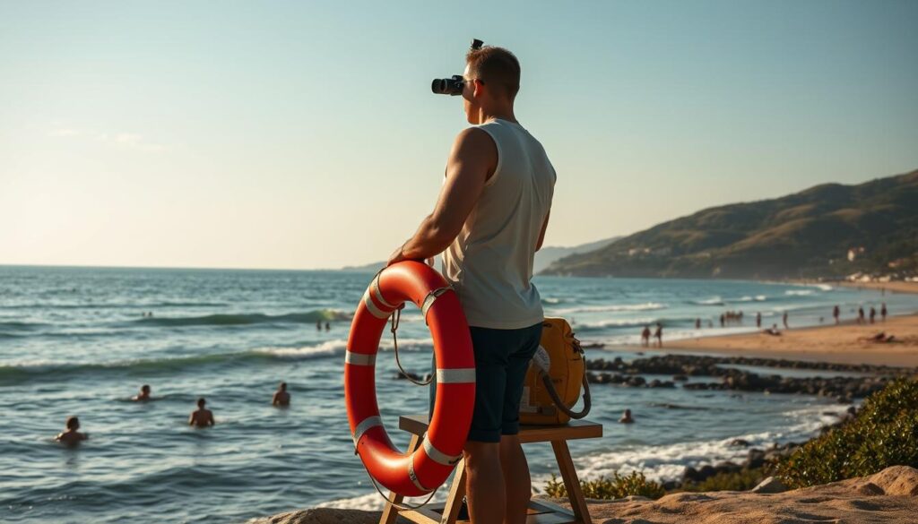 A seaside scenario with a lifeguard station in the foreground, overlooking a calm ocean. The lifeguard stands tall and alert, equipped with a rescue buoy and binoculars, scanning the horizon for any signs of distress. In the middle ground, a group of swimmers and beachgoers enjoy the warm sun and gentle waves, while in the background, a picturesque coastline with rolling hills and lush vegetation sets the scene. The lighting is soft and natural, with the sun casting a warm glow over the entire composition. The overall mood is one of tranquility and vigilance, capturing the essence of the lifeguard's role in ensuring the safety and well-being of those enjoying the coastal paradise.