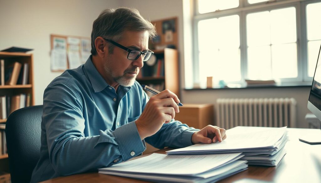 A seasoned reporter sits at a desk, pen in hand, gazing intently at a stack of papers. The room is bathed in a warm, natural light that filters through a nearby window, casting a soft glow on the reporter's focused expression. In the background, a bookshelf and a bulletin board hint at the researcher's meticulous attention to detail. The reporter's body language conveys a sense of determination and intellectual curiosity, reflecting the skills required to craft a compelling reportage. The scene evokes the essence of the "ルポライター" profession - a blend of keen observation, analytical thinking, and a passion for storytelling.